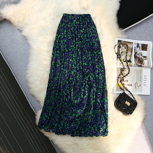 Load image into Gallery viewer, Chiffon Floral Print Skirt Women's Summer Split Pleated Skirt Elastic High Waist A-line Medium Length A Line Plissee Skirts 2022
