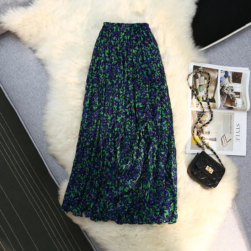 Chiffon Floral Print Skirt Women's Summer Split Pleated Skirt Elastic High Waist A-line Medium Length A Line Plissee Skirts 2022