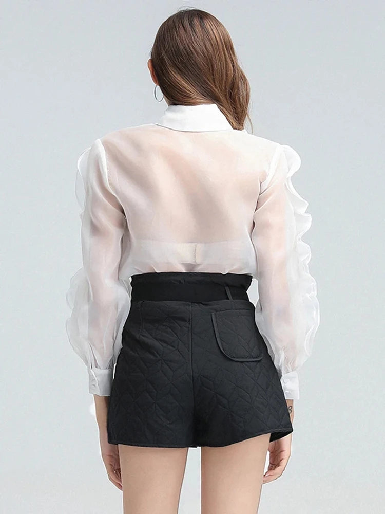 Solid Patchwork Folds Casual Shirt For Women Lapel Lantern Sleeve Spliced Single Breasted Designer Blouses Female