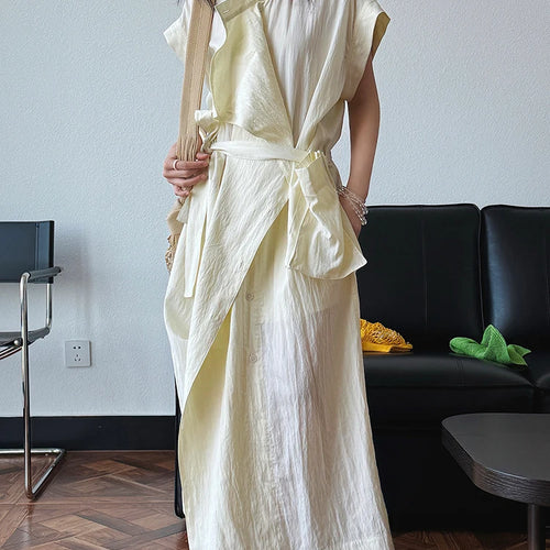 Load image into Gallery viewer, Women  Beige Ruffles Big Size Elelgant Long Dress New Stand Collar Short Sleeve Fashion Tide Spring Summer 2025 1DJ1406
