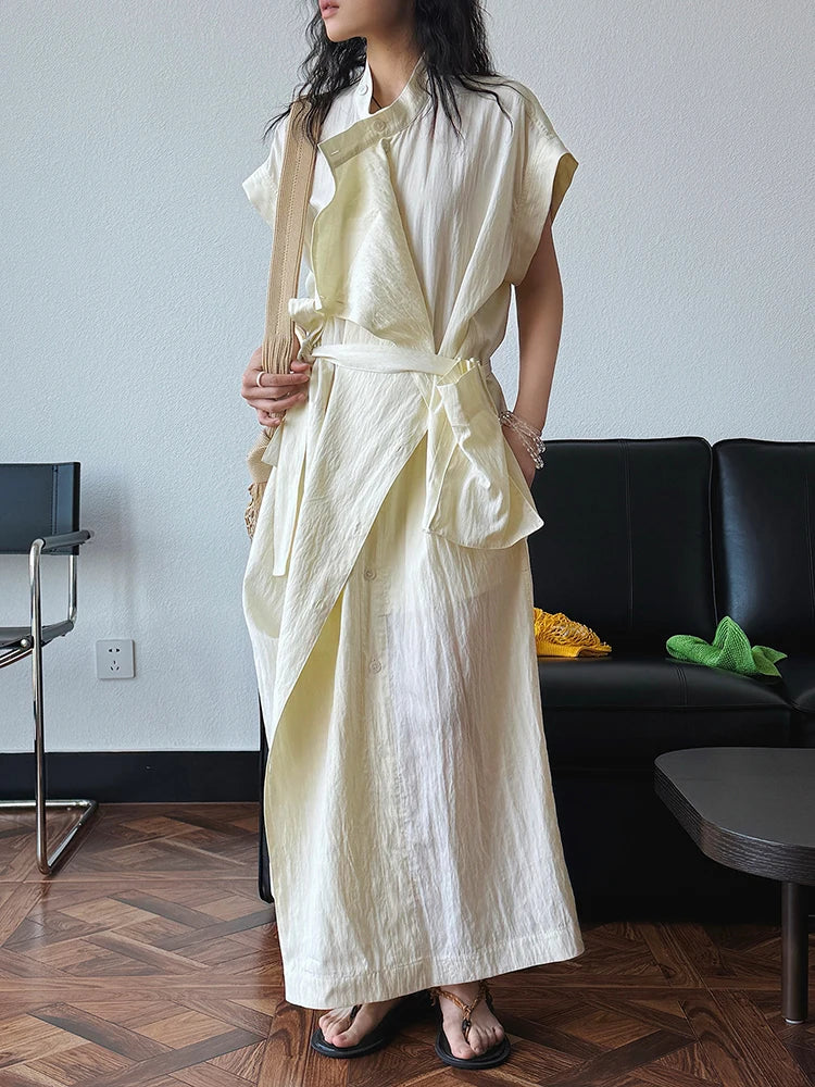 Women  Beige Ruffles Big Size Elelgant Long Dress New Stand Collar Short Sleeve Fashion Tide Spring Summer 2025 1DJ1406