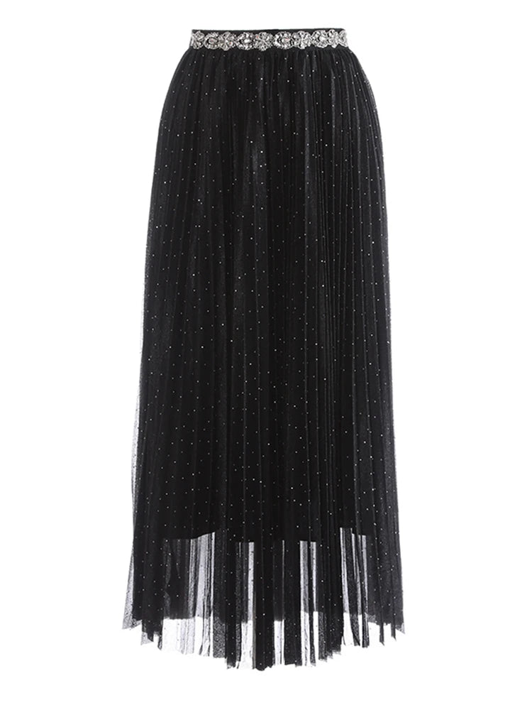 High Elastic Waist Black Pleated Rhinestones Shining Half-body Skirt Women Fashion Tide New Spring Autumn 2025 1DJ1271