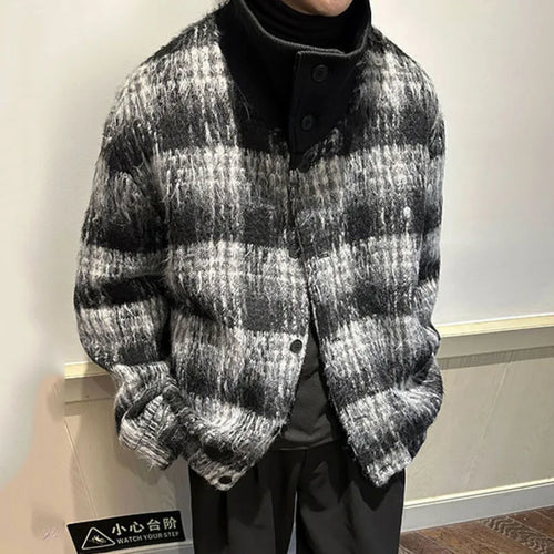 Load image into Gallery viewer, Woolen Plaid Men&#39;s Outwear Single-breasted Turtleneck Contrast Color Splice Casual Male Fashion Coat 2024 Winter 9C9041
