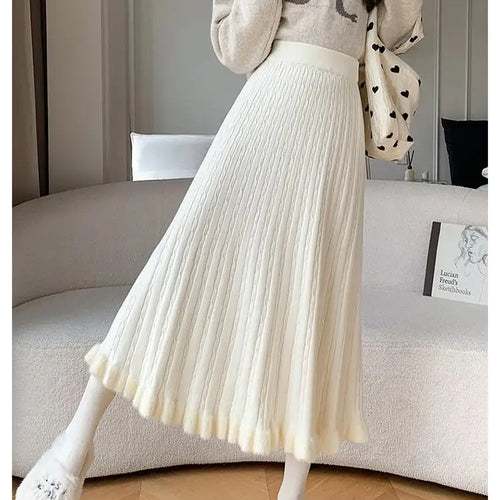 Load image into Gallery viewer, Autumn Winter Women Black White Temperament Knitted Pleated Half Skirt High Waist Versatile Elegant Vacation Ruffles Long Skirts
