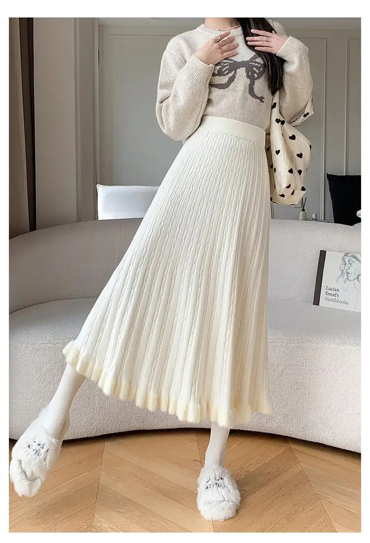 Autumn Winter Women Black White Temperament Knitted Pleated Half Skirt High Waist Versatile Elegant Vacation Ruffles Long Skirts
