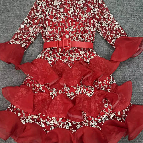 Load image into Gallery viewer, Solid Sheer Spliced Embroidery Dresses for Women Round Neck Half Sleeves Patchwork Ruffles Folds Dress Female New
