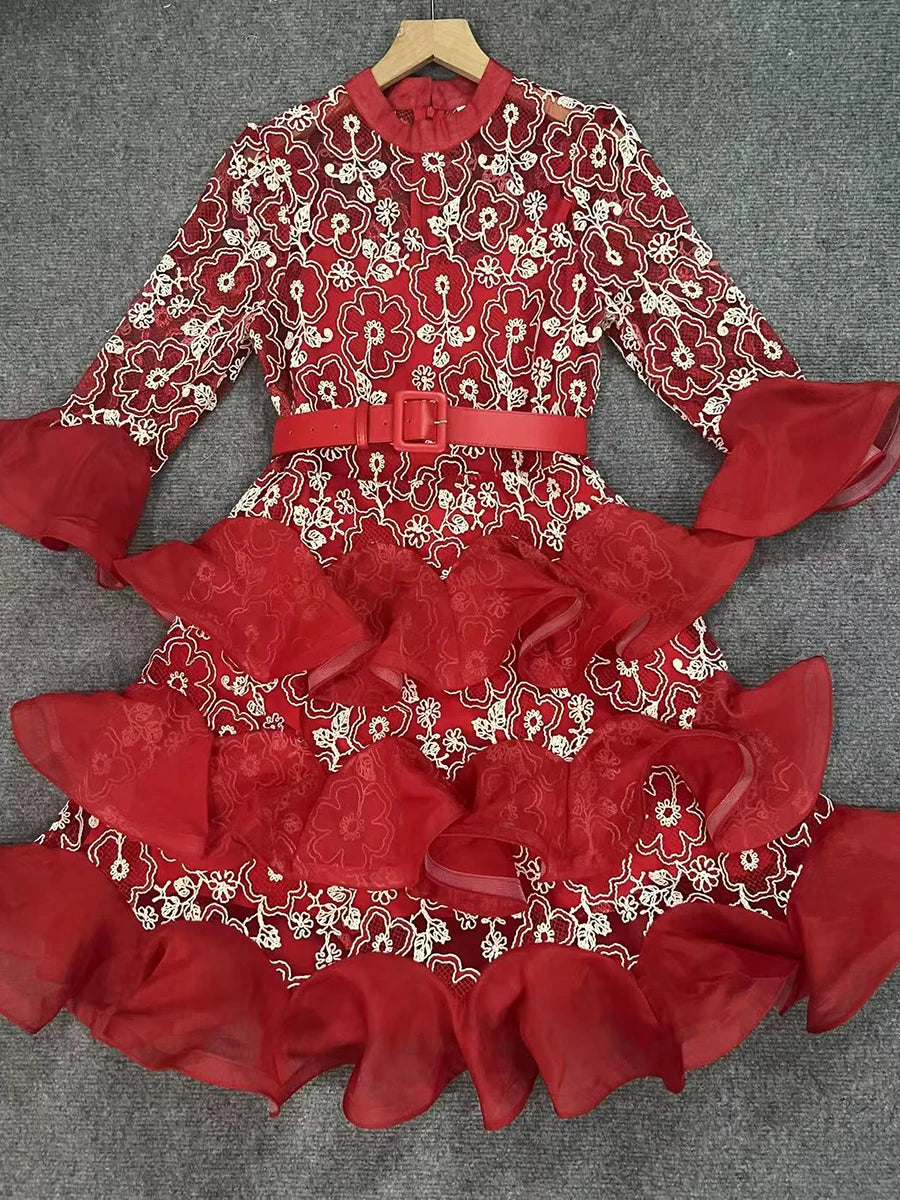 Solid Sheer Spliced Embroidery Dresses for Women Round Neck Half Sleeves Patchwork Ruffles Folds Dress Female New