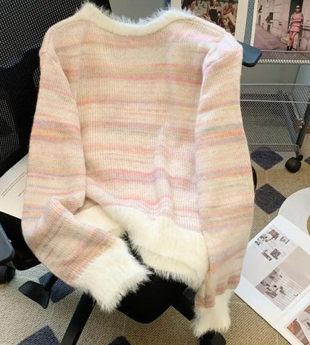 Autumn Winter Rainbow Striped Gradient Long Sleeved Short Hairy Sweater Women's V-neck Single Breasted Knit Pullover Tops 2024