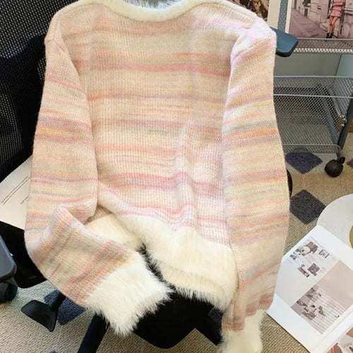 Load image into Gallery viewer, Autumn Winter Rainbow Striped Gradient Long Sleeved Short Hairy Sweater Women's V-neck Single Breasted Knit Pullover Tops 2024
