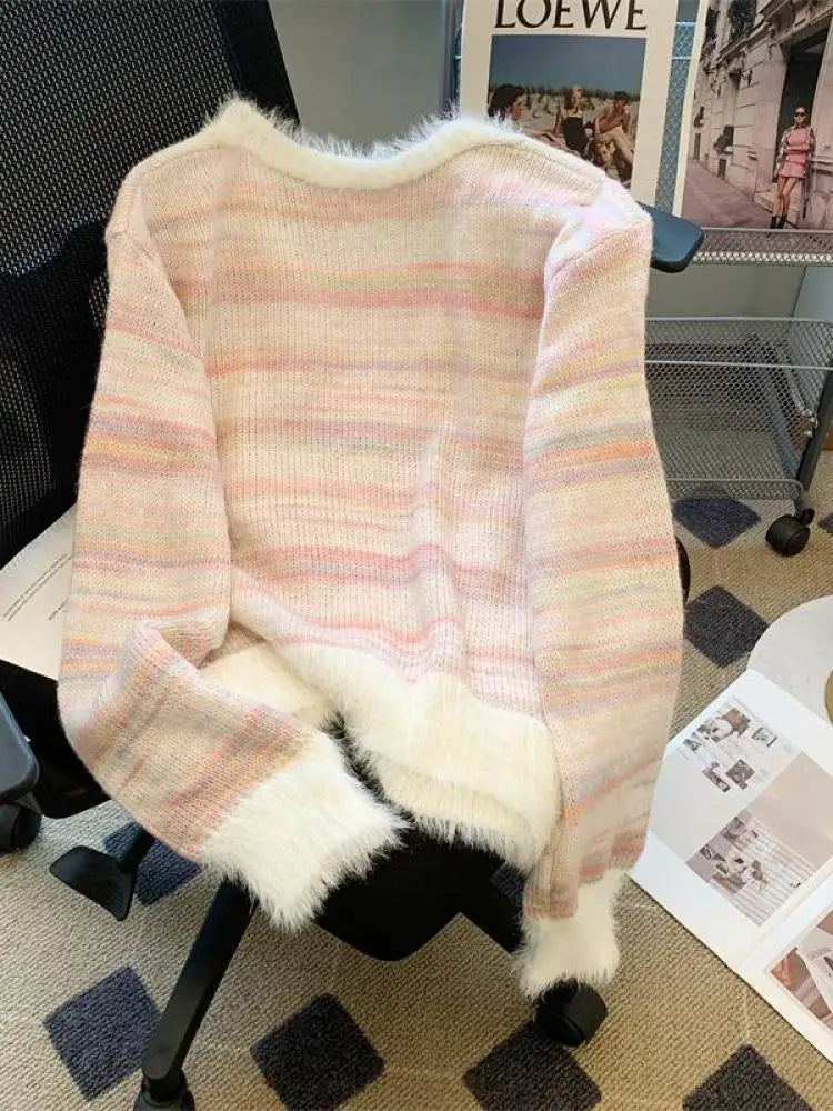 Autumn Winter Rainbow Striped Gradient Long Sleeved Short Hairy Sweater Women's V-neck Single Breasted Knit Pullover Tops 2024