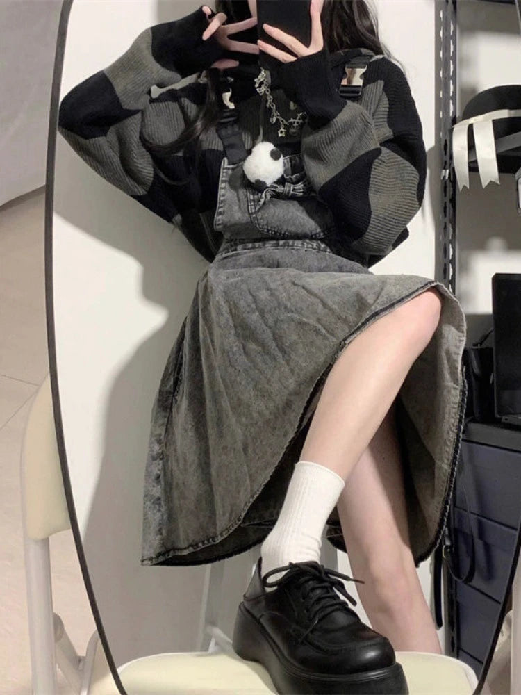 2025 Vintage Autumn Fashion Black Striped Pullovers Women Knitted Oversized Hooded Sweaters Y2k Aesthetic Loose Grunge Jumpers