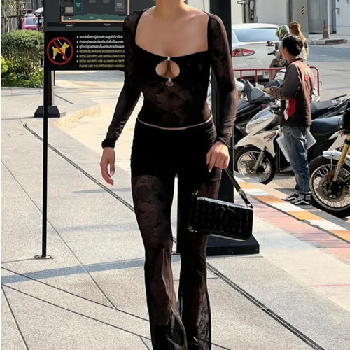 Load image into Gallery viewer, Sexy Lace Patchwork Hollow Women Set Long Sleeve Slim Fit Perspective Flare Pants Long Pants Set Fashion Street Clothing
