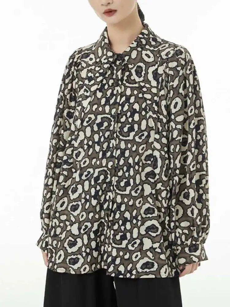 Women Black Big Size Leopard Print Blouse New Lapel Long Sleeve Loose Fit Shirt Fashion Tide Spring Autumn 2025 1DF5143