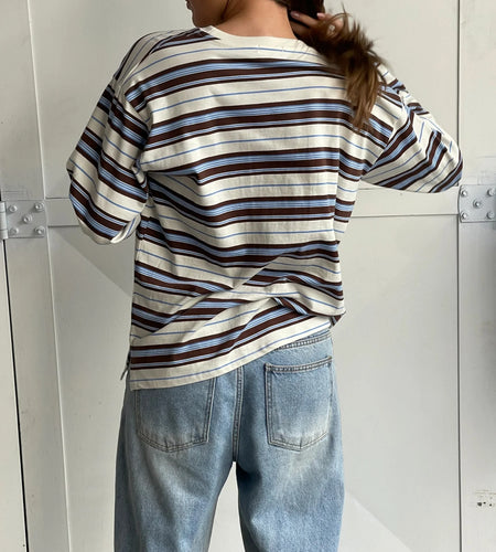 y2k Striped T Shirts Women Casual Clothes Round Neck Long Sleeve Loose Fit Tops 2000s Aesthetic Clothing Streetwear