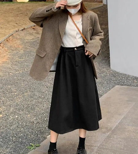 Autumn Winter Black Oversized Woolen Long Skirt Women Korean Fashion Ladies Brown High Waist Pleated Skirt Casual Streetwear new