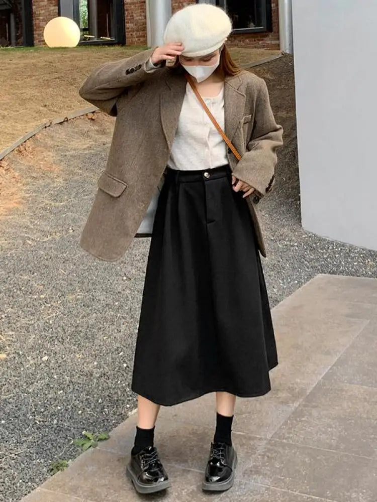Autumn Winter Black Oversized Woolen Long Skirt Women Korean Fashion Ladies Brown High Waist Pleated Skirt Casual Streetwear new