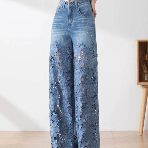 Load image into Gallery viewer, Solid Hollow Out Denim Pant For Women High Waist Patchwork Lace Casual Full Length Pants Female Fashion Clothes
