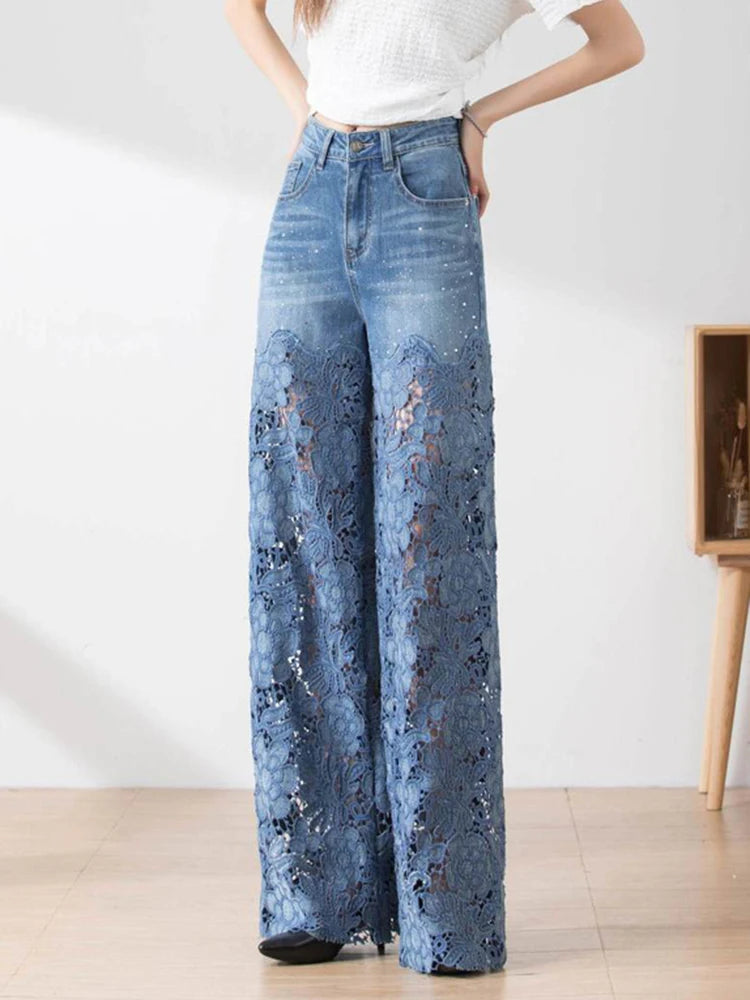 Solid Hollow Out Denim Pant For Women High Waist Patchwork Lace Casual Full Length Pants Female Fashion Clothes