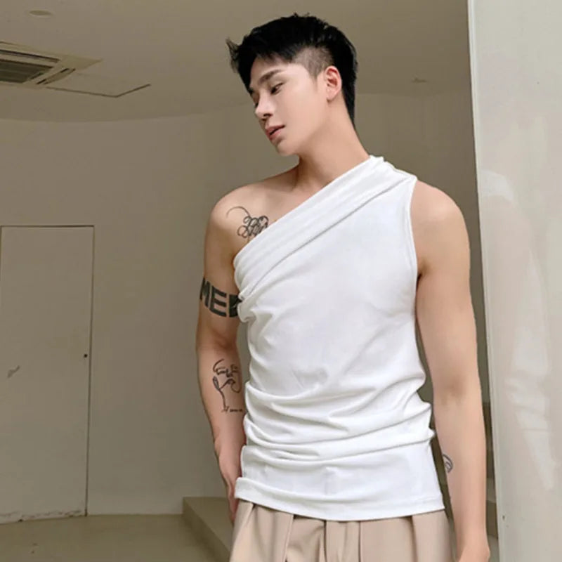 Summer Diagonal Shoulder Tank Top Trendy Summer Solid Color Simple Sleeveless T-shirt Personalized Male 9C6055