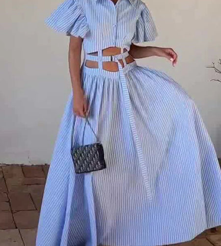 Hit Color Hollow Out Spliced Striped Fashion Dresses for Women Lapel Short Sleeves Patchwork Button Dress Female