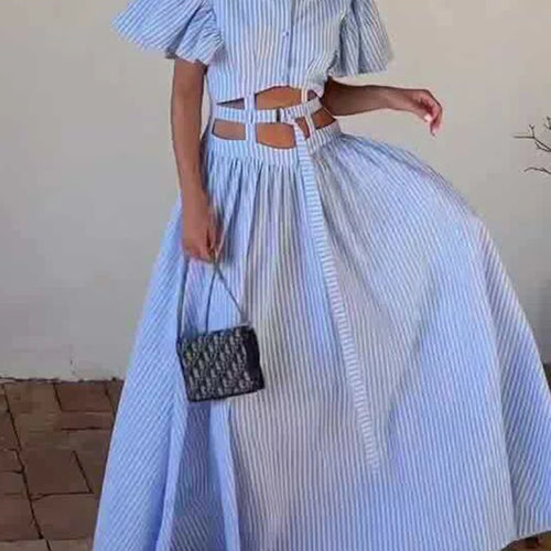 Load image into Gallery viewer, Hit Color Hollow Out Spliced Striped Fashion Dresses for Women Lapel Short Sleeves Patchwork Button Dress Female
