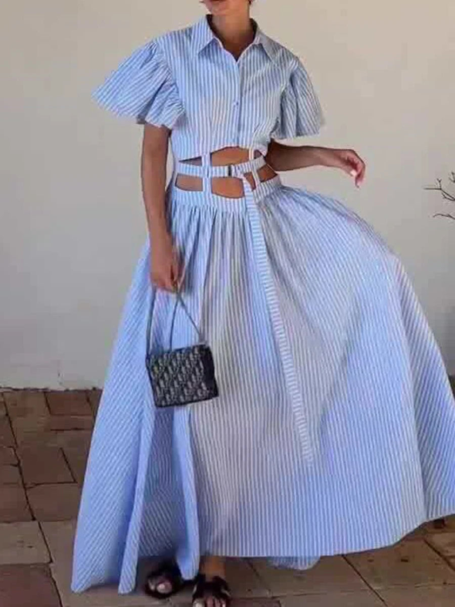 Hit Color Hollow Out Spliced Striped Fashion Dresses for Women Lapel Short Sleeves Patchwork Button Dress Female