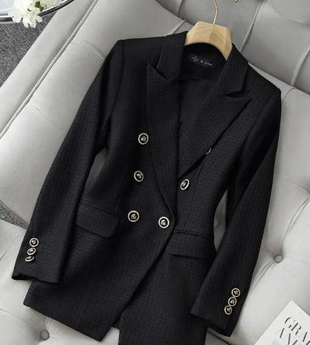 Korean Women Fashion Black Double Breasted Blazer Coat Vintage Long Sleeve Elegant Versatile Professional Tops Autumn Winter New