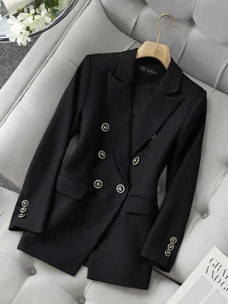 Korean Women Fashion Black Double Breasted Blazer Coat Vintage Long Sleeve Elegant Versatile Professional Tops Autumn Winter New
