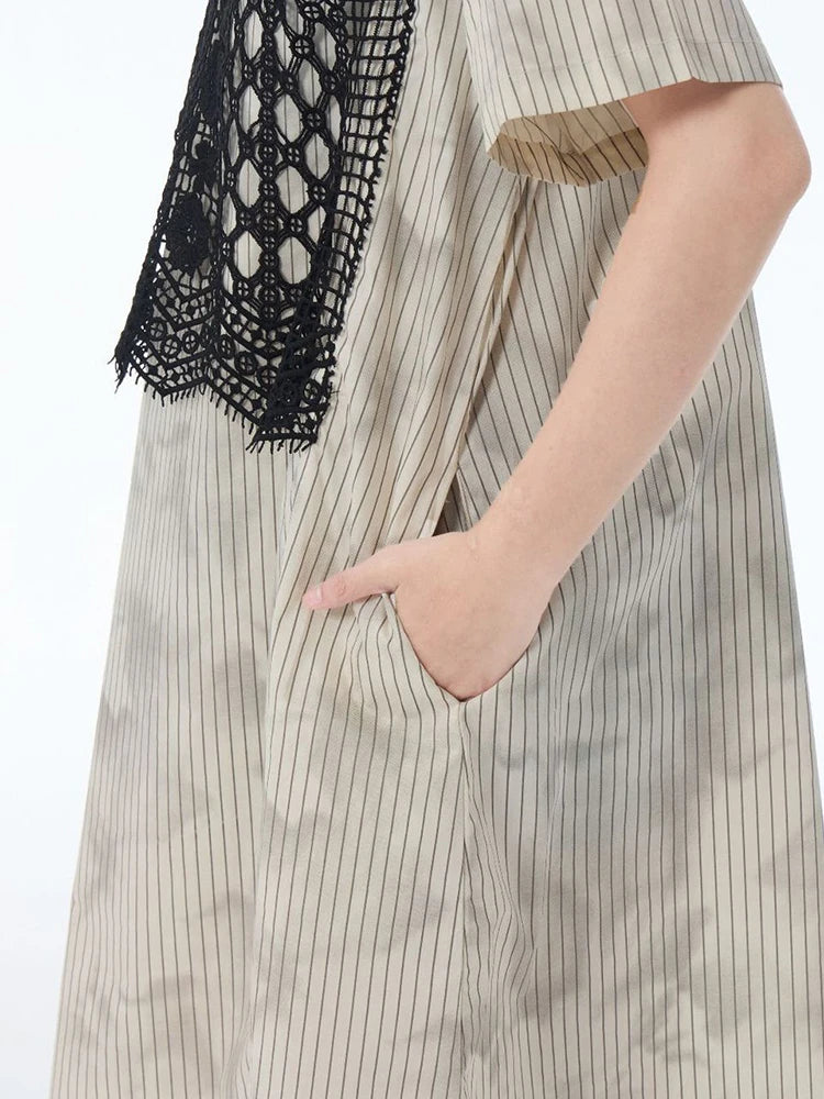 Women Black Striped Lace Spliced Big Size Midi Shirt Dress New Lapel Short Sleeve Fashion Tide Spring Summer 2025 1DJ1257