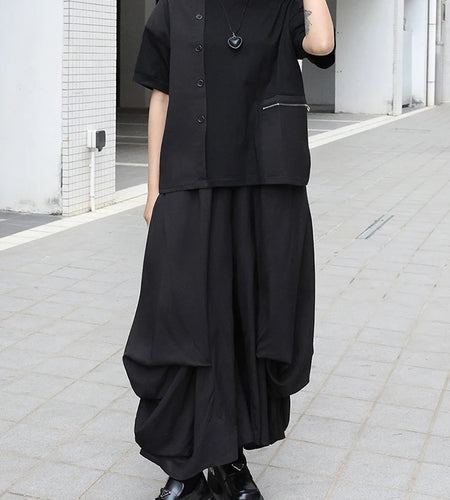 Women Black Zipper Pocket Irregular Big Size T-shirt New Round Neck Short Sleeve Fashion Tide Spring Summer 2025  1DJ0561