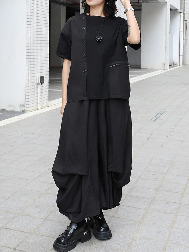 Women Black Zipper Pocket Irregular Big Size T-shirt New Round Neck Short Sleeve Fashion Tide Spring Summer 2025  1DJ0561