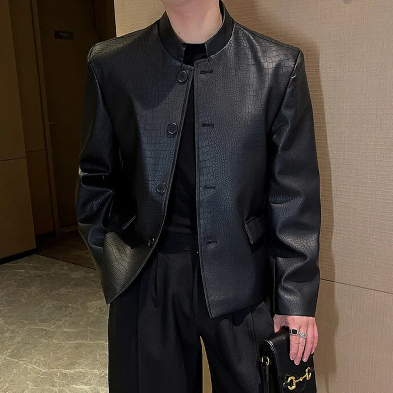 Spring Men's Suit Coat New Chinese Male Solid Color PU Leather Stand Collar Design Single Breasted Stylish Jacket 9W1419