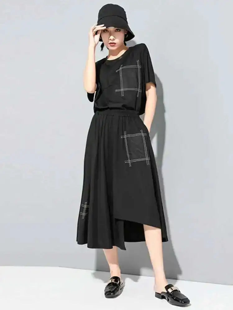 Irregular Pocket Spliced High Elastic Waist Black Half-body Mid-Calf Skirt Women Fashion Tide Spring Summer 2025 1DD8090