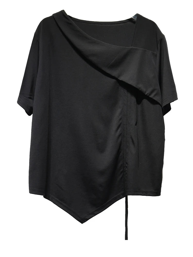 Women Black Irregular Drawstring Big Size T-shirt New Skew Collar Short Sleeve Fashion Tide Spring Summer 2025 1DJ1374