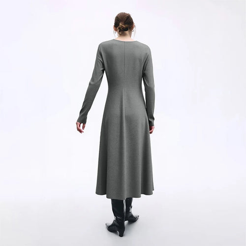 Women's Dress 2026 Spring New Casual V-neck Elastic Waist-fitted Long-sleeved Dress Female Elegant Knit Long Skirt 12641100