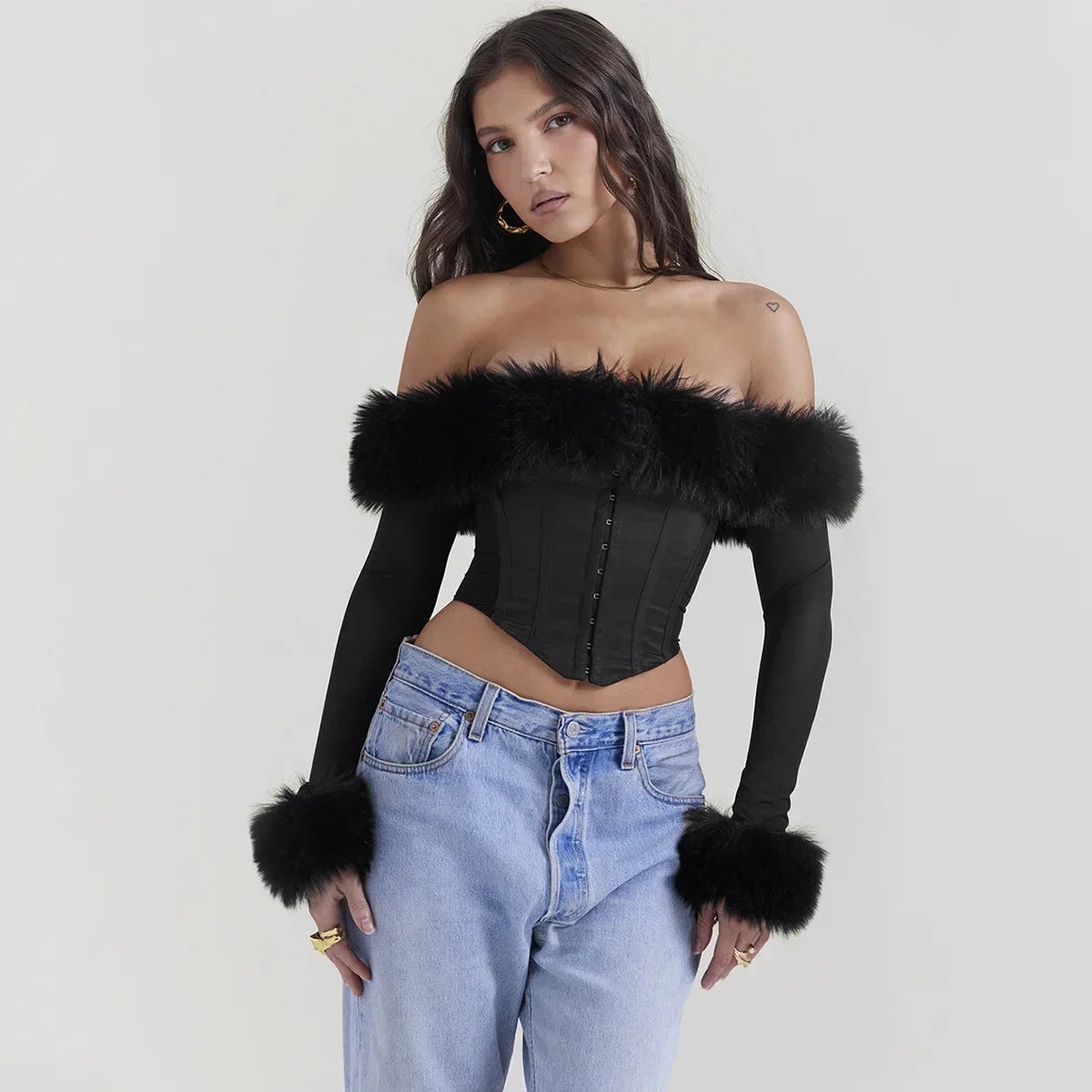 Autumn and Winter Women Tops 2023 Detachable Fur Off The Shoulder Cropped Top Sexy Black Casual Long Sleeve Blouse