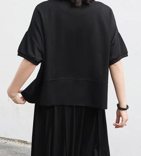 Women Black Topstitched Irregular Slit Big Size T-shirt New Round Neck Short Sleeve Fashion Spring Summer 2025 1DJ0208