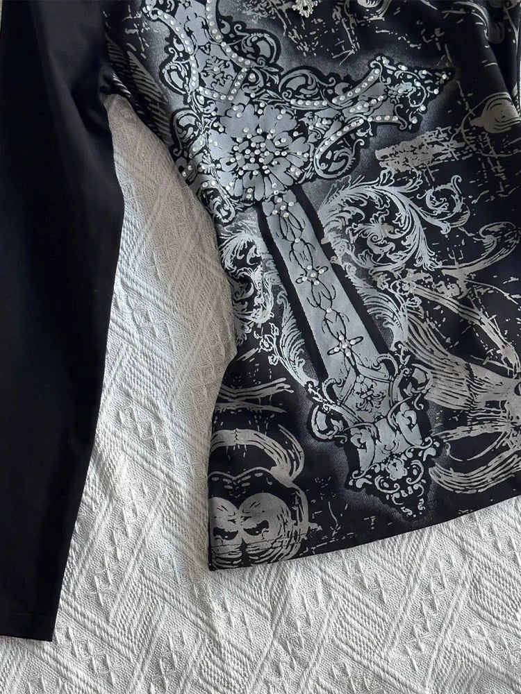 Y2k Aesthetic Vintage Printing Shirts Streetwear Tie-dye Black Loose Tshirts Harajuku Autumn Women Punk Diamond Grunge T-shirt