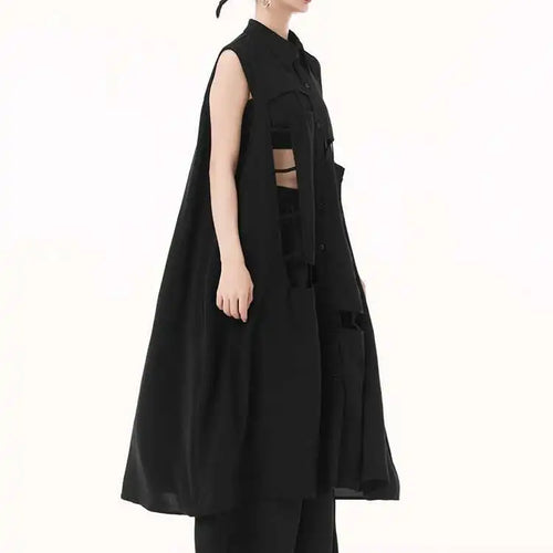 Load image into Gallery viewer, Women Army Green Hollow Out Big Size Midi Casual Dress New Lapel Sleeveless Fashion Tide Spring Summer 2025 1DH9512
