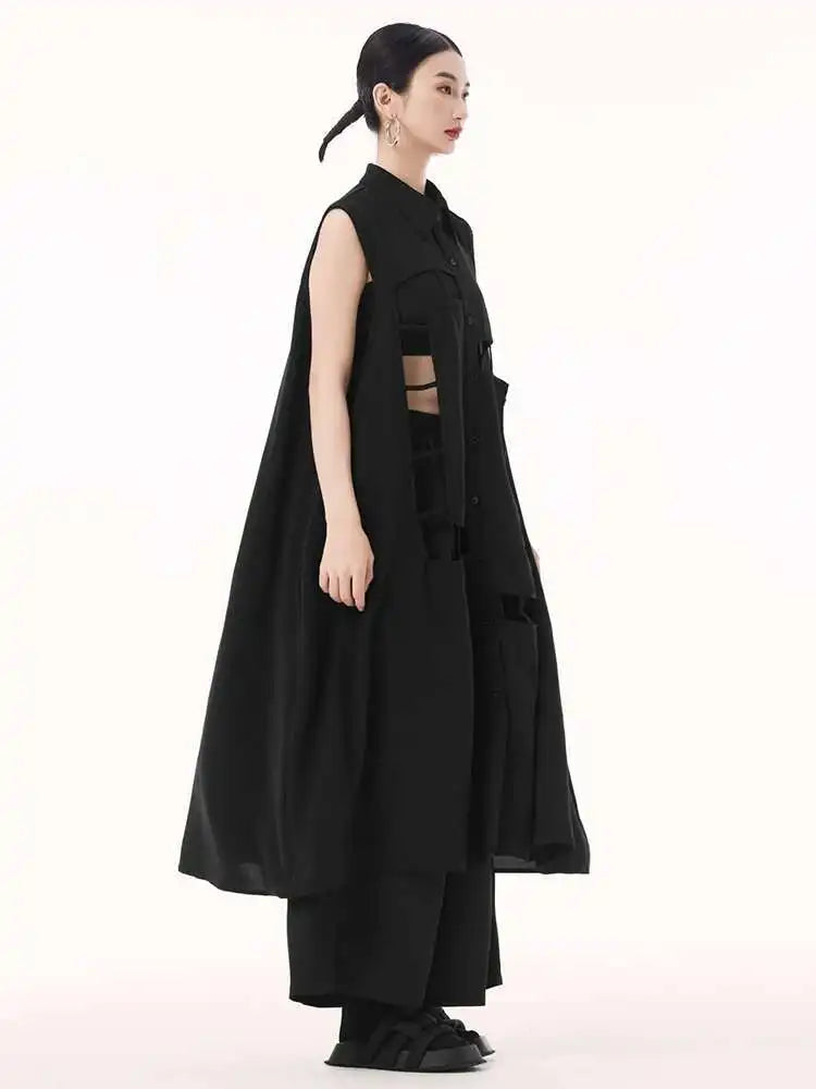 Women Army Green Hollow Out Big Size Midi Casual Dress New Lapel Sleeveless Fashion Tide Spring Summer 2025 1DH9512