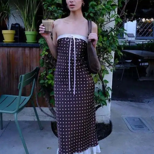 Load image into Gallery viewer, Sexy Strapless Backless Lace Up Hollow Out Mid Length Dress Women Polka Dot Print SummerNew 2025 Holiday Beach Vestido
