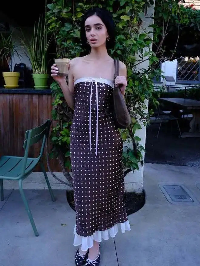 Sexy Strapless Backless Lace Up Hollow Out Mid Length Dress Women Polka Dot Print SummerNew 2025 Holiday Beach Vestido