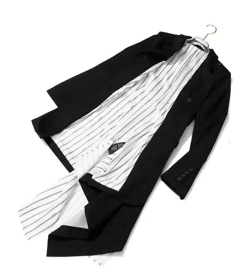 Women Black White Striped Spliced Irregular Dress New Round Neck Full Sleeve Loose Fit Fashion Spring Autumn 2025 1A320