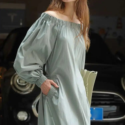 Load image into Gallery viewer, Women Black Brief Long Elegant Dress New Slash Neck Long Puff Sleeve Loose Fit Fashion Tide Spring Autumn 2025 1DF9947
