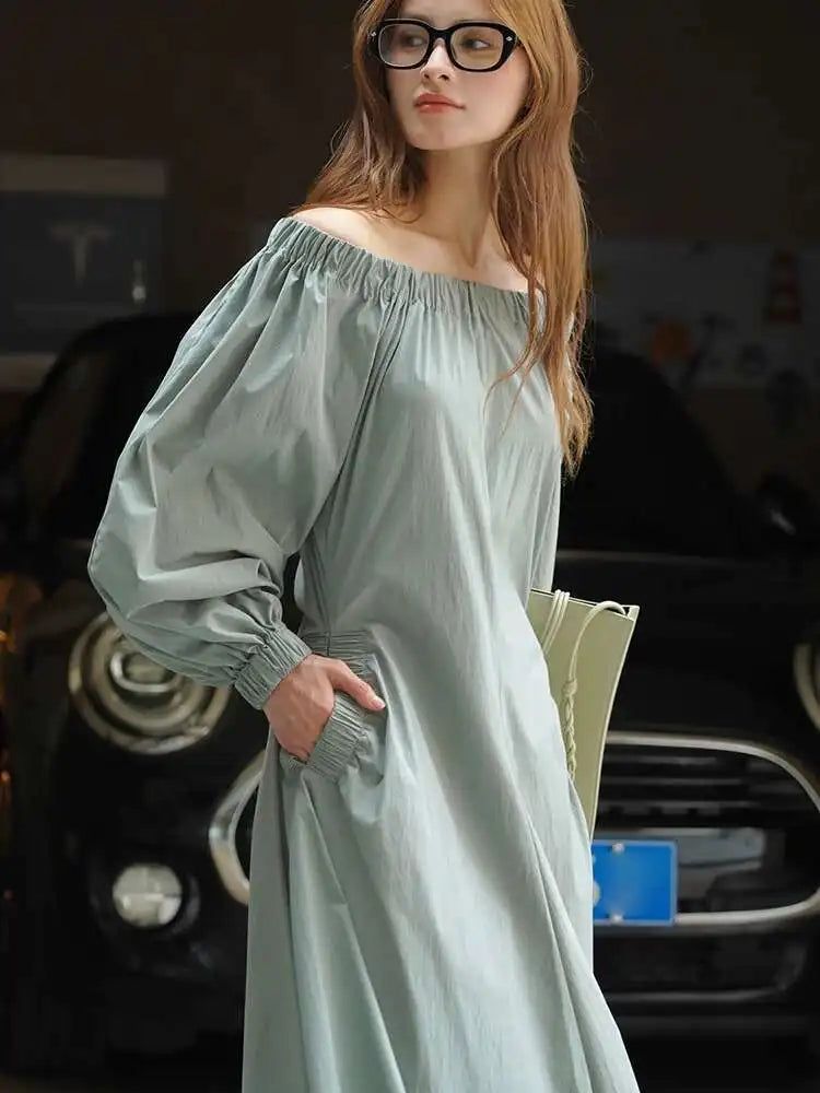 Women Black Brief Long Elegant Dress New Slash Neck Long Puff Sleeve Loose Fit Fashion Tide Spring Autumn 2025 1DF9947