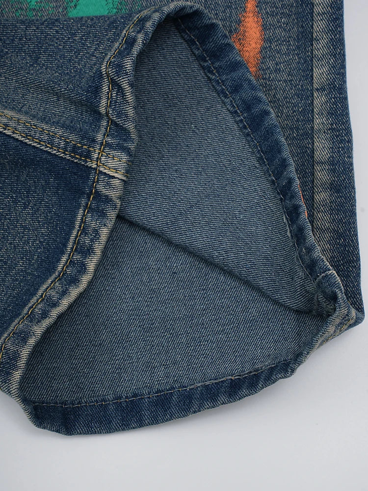 High Waist Blue Denim Painted Long Casual Wide Leg Jeans New Women Trousers Fashion Tide Spring Autumn 2025 CPG2279
