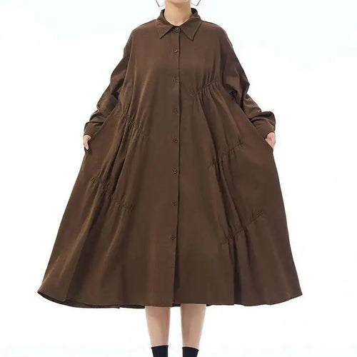 Load image into Gallery viewer, Women Coffee Pleated Spliced Big Size Midi Shirt Dress New Lapel Long Sleeve Fashion Tide Spring Autumn 2025 1DH7416
