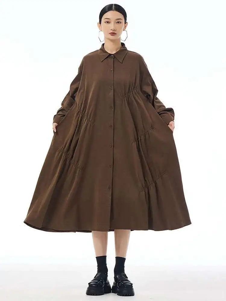 Women Coffee Pleated Spliced Big Size Midi Shirt Dress New Lapel Long Sleeve Fashion Tide Spring Autumn 2025 1DH7416