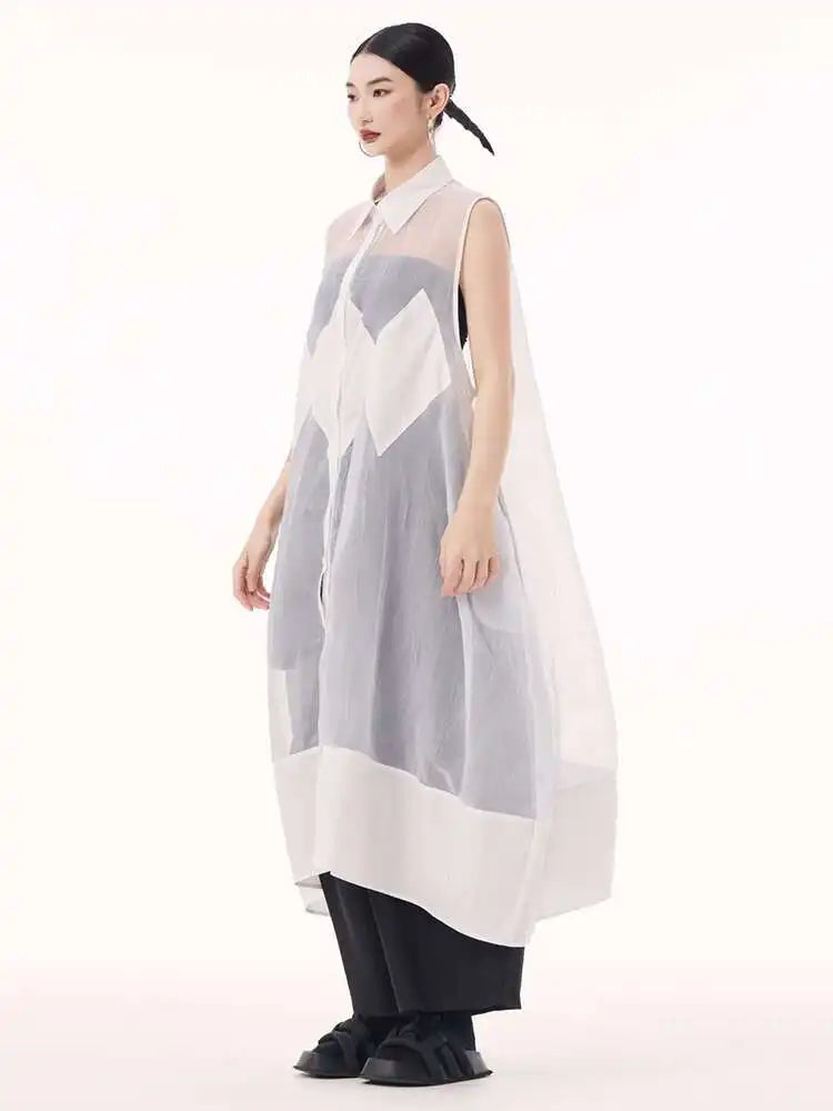 Women Black Mesh Perspective Big Size Long Shirt Dress New Lapel Sleeveless Fashion Tide Spring Summer 2025 1DH9517