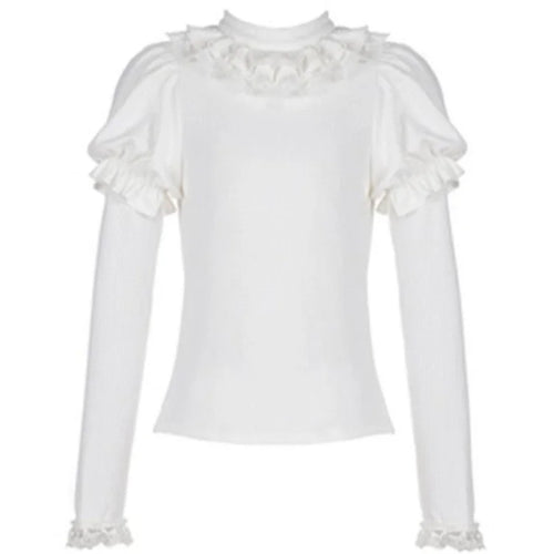 Load image into Gallery viewer, Lolita Lace Puff Sleeve Kawaii Sweet Sweater Women Japanese Knitted Pullover Bow Patchwork Y2k Aesthetic Jumper Harajuku Fashion
